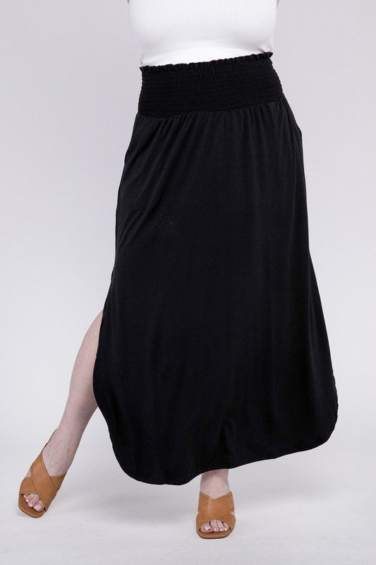 Stacey B's Plus Smocked Waist Side Slit Maxi Skirt w/ Pockets