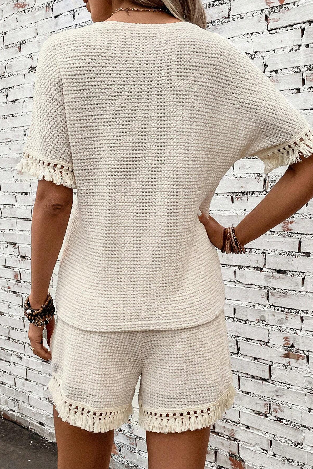 Stacey B's Beige Fringe Trim Waffle Knit Textured Shorts Set