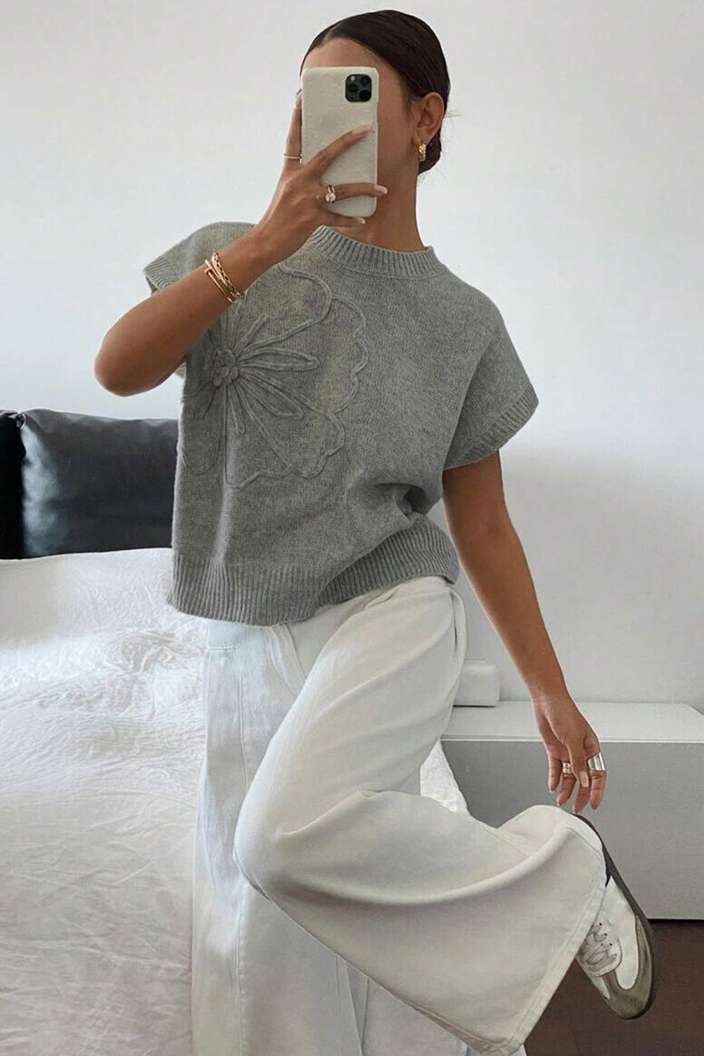 Stacey B's High Flower Pattern Ribbed Trim Short Sleeve Boxy Sweater