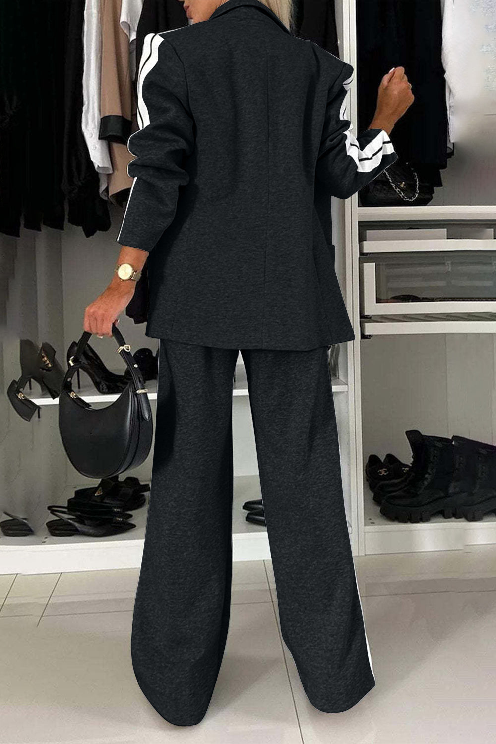 Stacey B's Full Size Contrast Lapel Collar Top and Pants Set