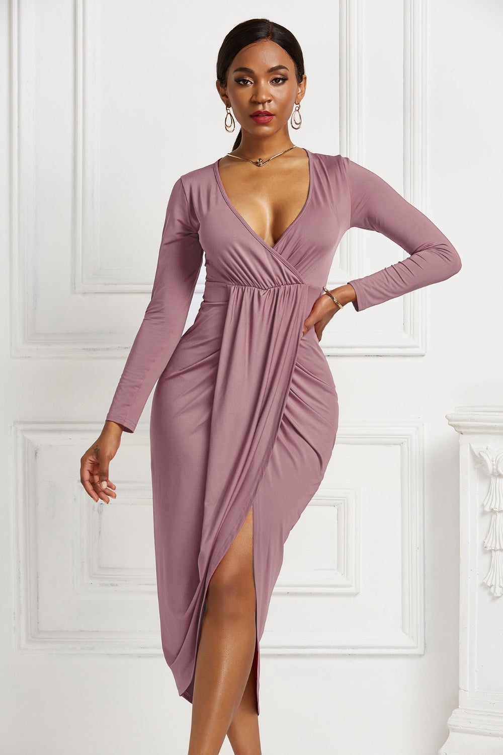 Stacey B's High-low Ruched Surplice Long Sleeve Dress
