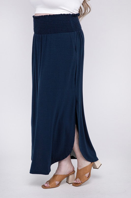 Stacey B's Plus Smocked Waist Side Slit Maxi Skirt w/ Pockets