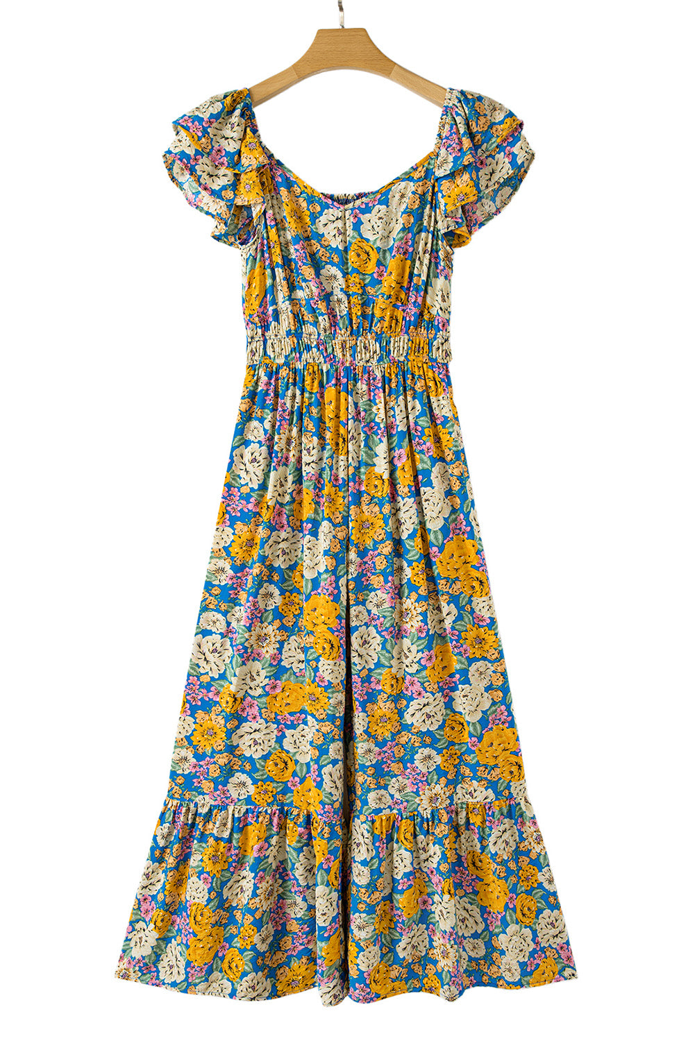 Stacey B's Yellow Floral Allover Print Shirred Cut Out High Waist Jumpsuit