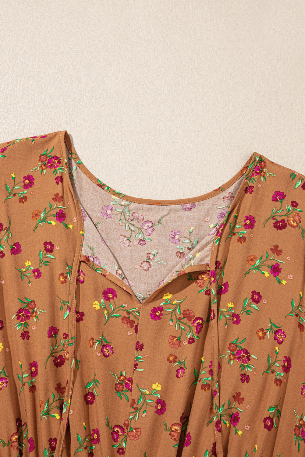 Stacey B's Brown Plus Size Floral Split V Neck Ruffled Sleeve Tiered Maxi Dress