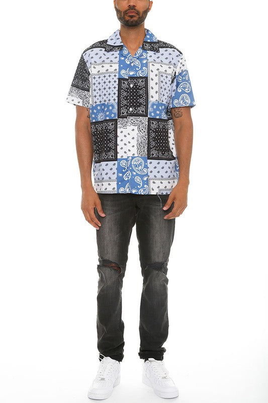 Stacey B's Red Print Buttos Mens Collan Down