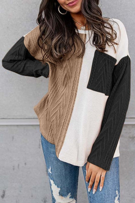 Stacey B's Cable knit color block round neck sweater