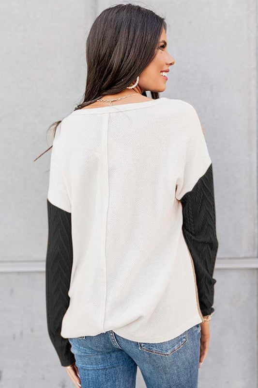 Stacey B's Cable knit color block round neck sweater
