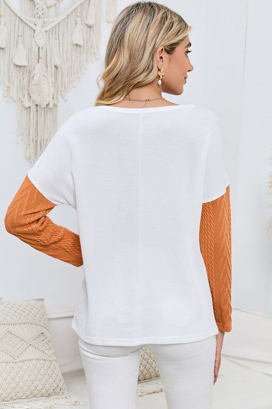 Stacey B's Cable knit color block round neck sweater