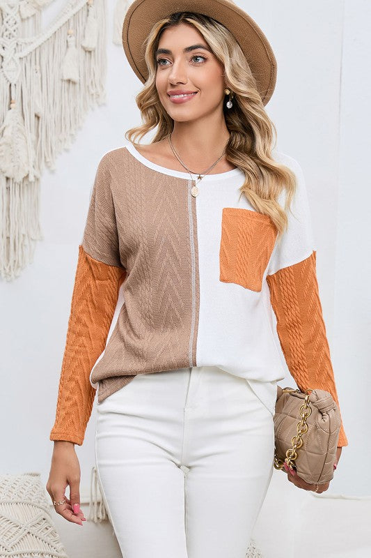 Stacey B's Cable knit color block round neck sweater