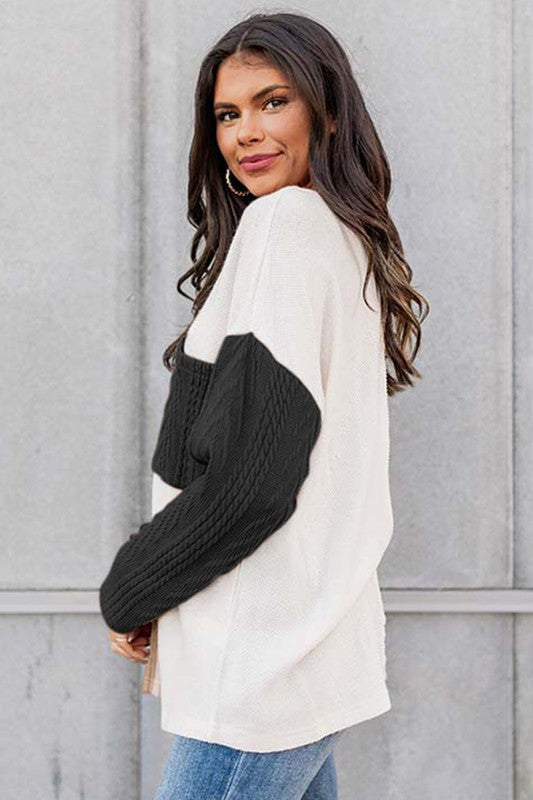 Stacey B's Cable knit color block round neck sweater