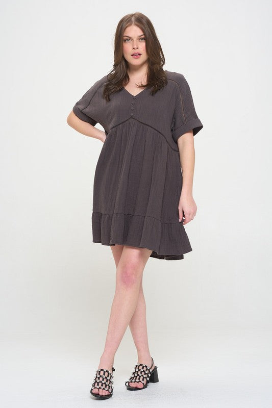 Stacey B's Textured Short SLV Button Down V Neck Short Dreess
