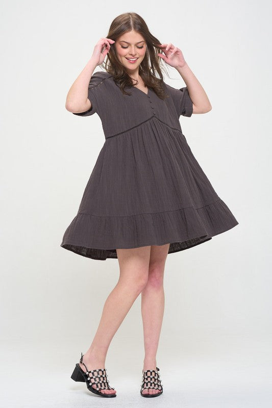 Stacey B's Textured Short SLV Button Down V Neck Short Dreess