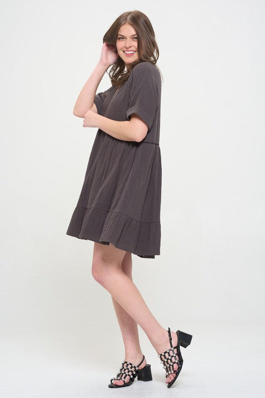 Stacey B's Textured Short SLV Button Down V Neck Short Dreess