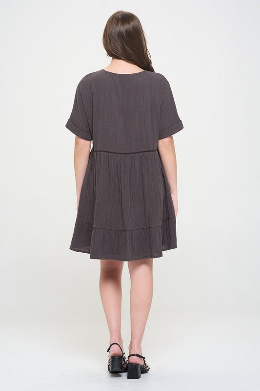 Stacey B's Textured Short SLV Button Down V Neck Short Dreess