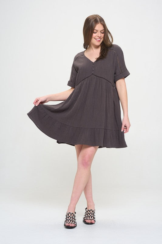 Stacey B's Textured Short SLV Button Down V Neck Short Dreess