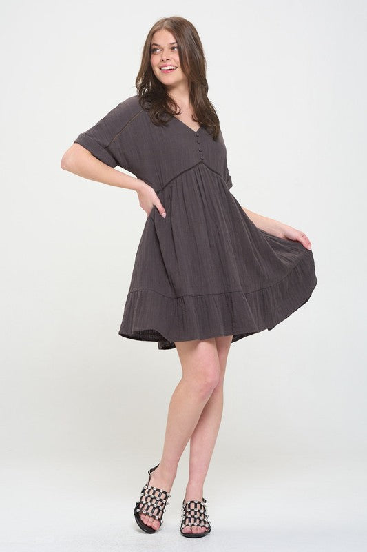 Stacey B's Textured Short SLV Button Down V Neck Short Dreess