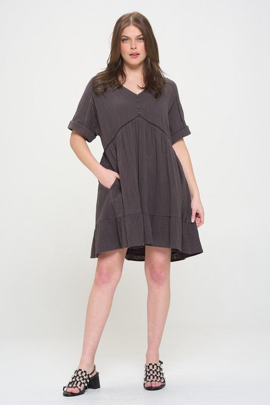 Stacey B's Textured Short SLV Button Down V Neck Short Dreess