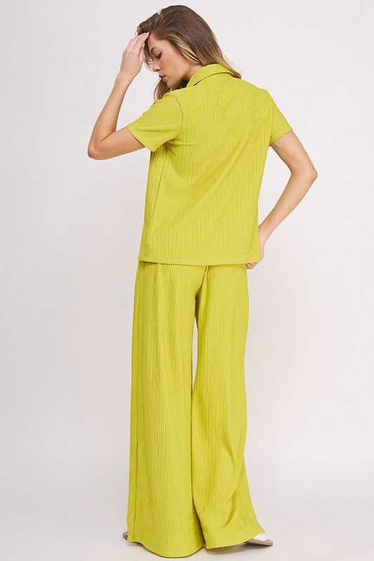 Stacey B's Plus Textured Short SlV Button /Wide Pants Set
