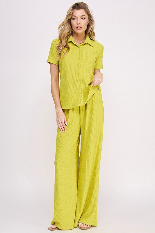 Stacey B's Plus Textured Short SlV Button /Wide Pants Set