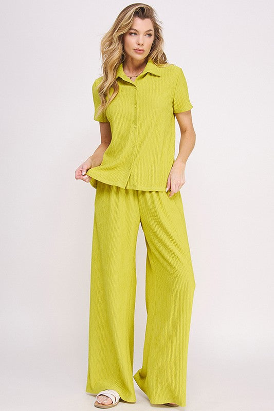 Stacey B's Plus Textured Short SlV Button /Wide Pants Set
