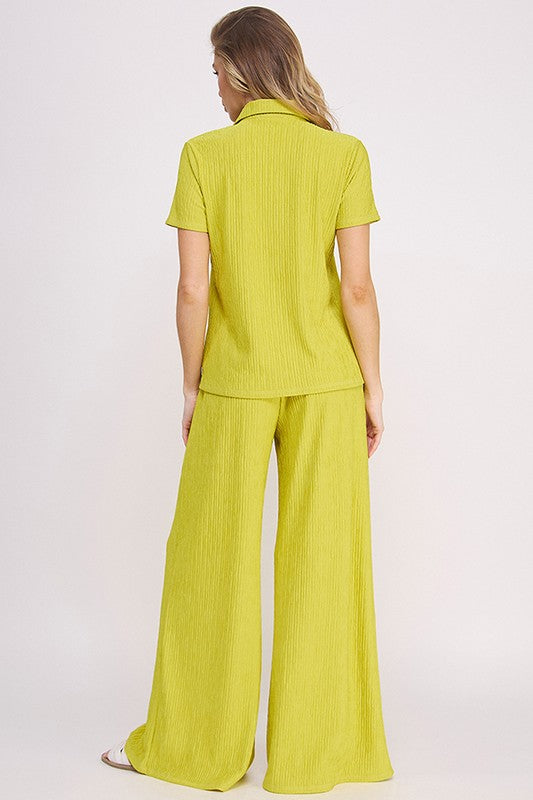 Stacey B's Plus Textured Short SlV Button /Wide Pants Set