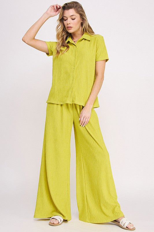 Stacey B's Plus Textured Short SlV Button /Wide Pants Set