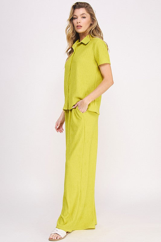 Stacey B's Plus Textured Short SlV Button /Wide Pants Set
