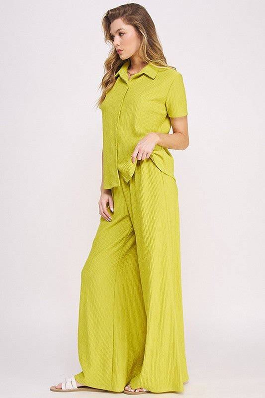 Stacey B's Plus Textured Short SlV Button /Wide Pants Set