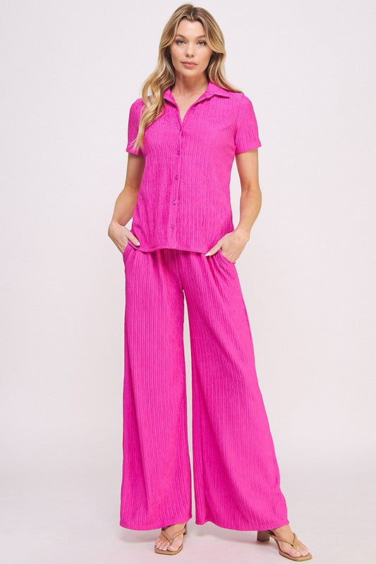 Stacey B's Plus Textured Short SlV Button /Wide Pants Set