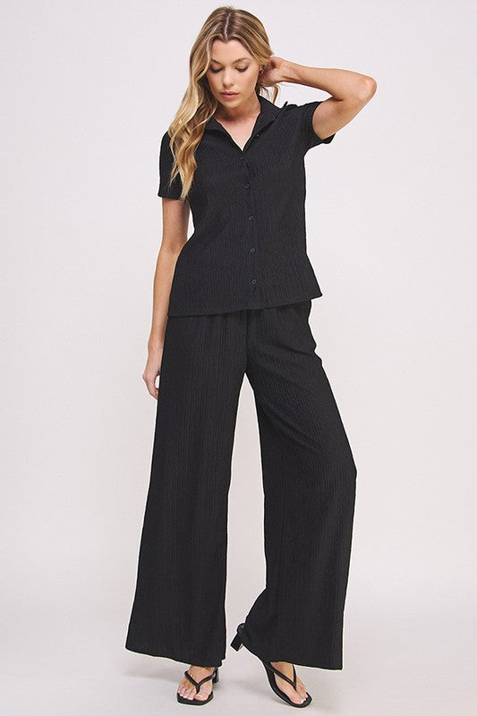 Stacey B's Plus Textured Short SlV Button /Wide Pants Set