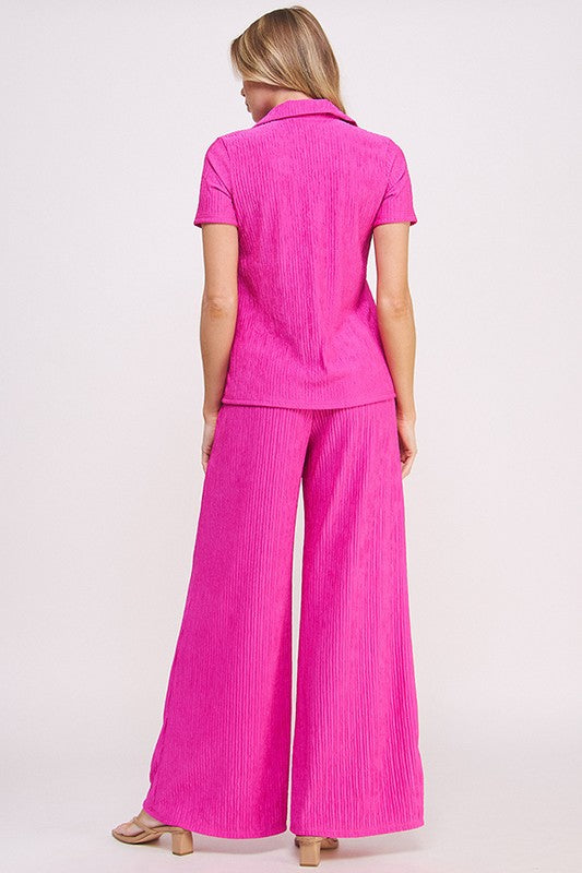 Stacey B's Plus Textured Short SlV Button /Wide Pants Set