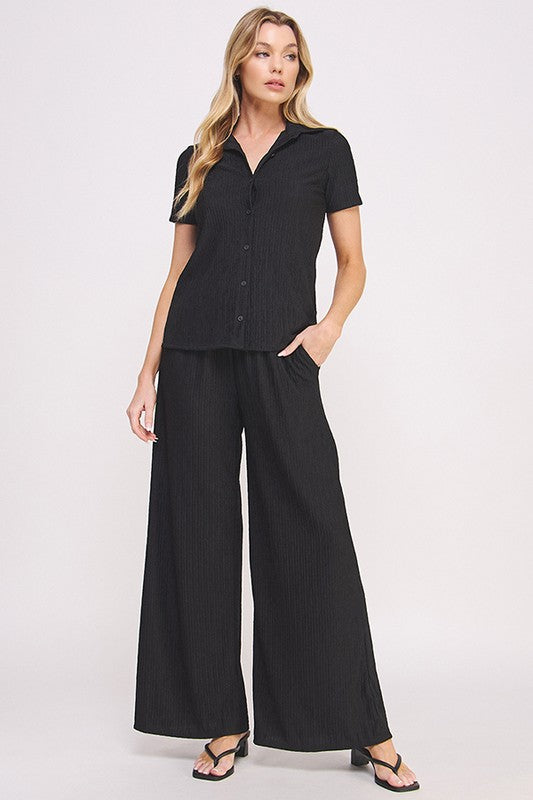 Stacey B's Plus Textured Short SlV Button /Wide Pants Set