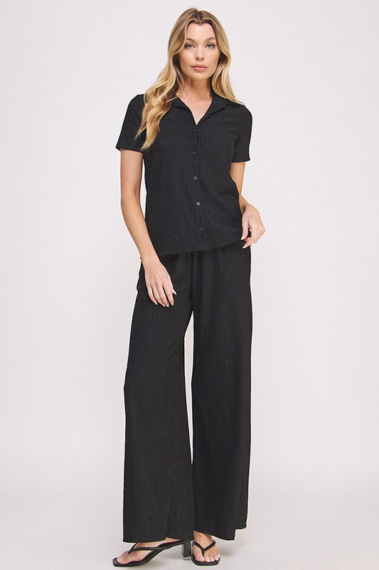 Stacey B's Plus Textured Short SlV Button /Wide Pants Set