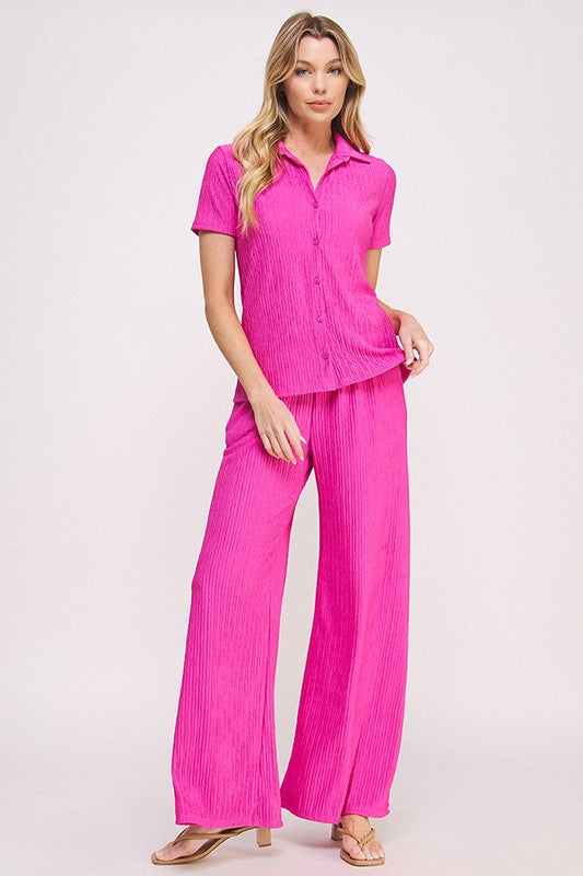 Stacey B's Plus Textured Short SlV Button /Wide Pants Set