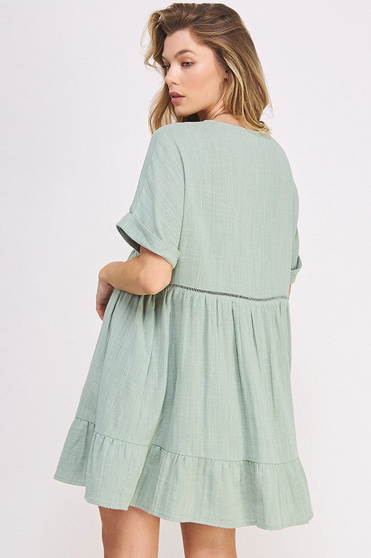 Stacey B's Textured Short SLV Button Down V Neck Short Dreess