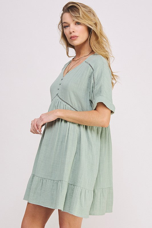 Stacey B's Textured Short SLV Button Down V Neck Short Dreess