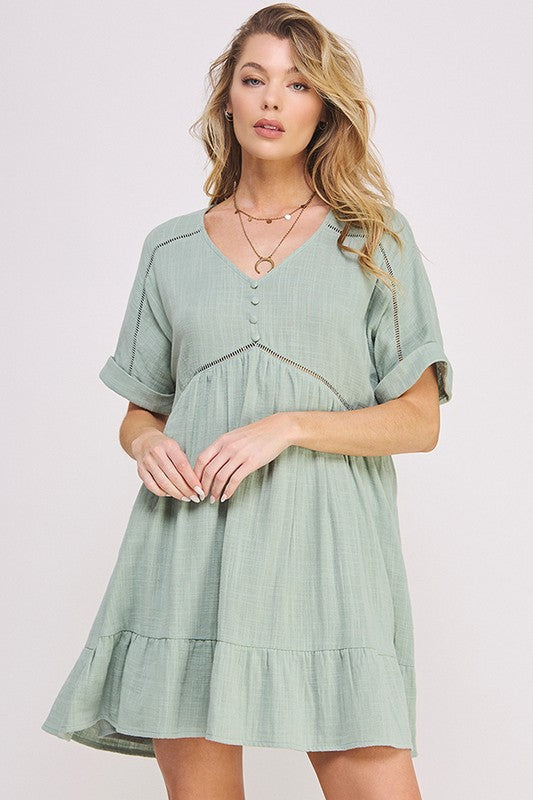Stacey B's Textured Short SLV Button Down V Neck Short Dreess