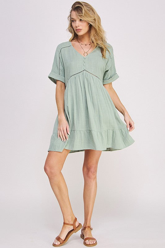 Stacey B's Textured Short SLV Button Down V Neck Short Dreess