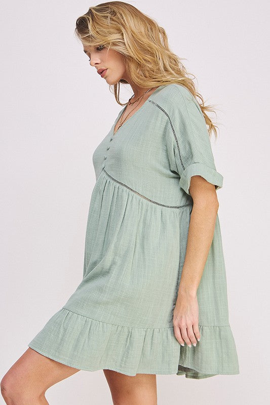 Stacey B's Textured Short SLV Button Down V Neck Short Dreess