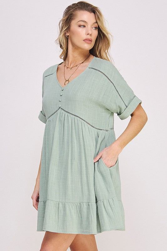 Stacey B's Textured Short SLV Button Down V Neck Short Dreess