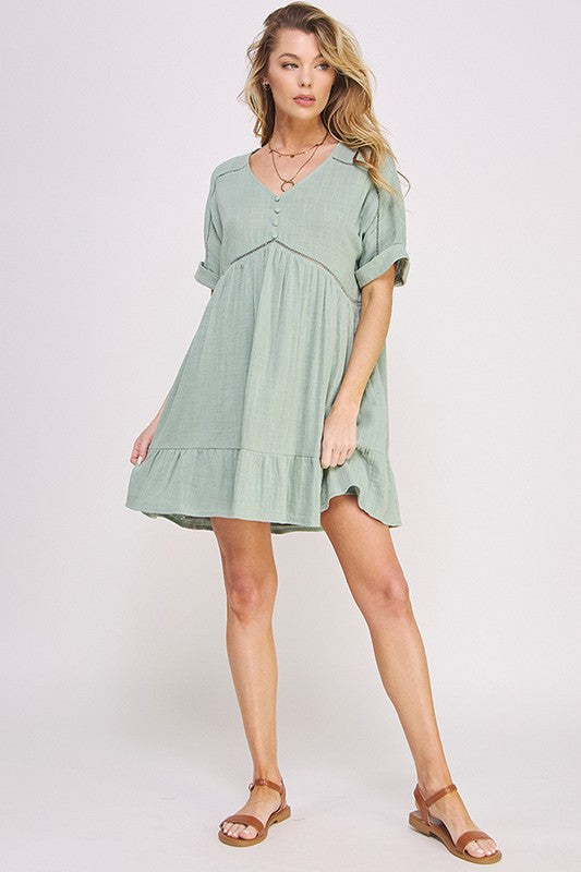 Stacey B's Textured Short SLV Button Down V Neck Short Dreess