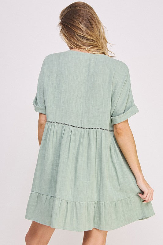 Stacey B's Textured Short SLV Button Down V Neck Short Dreess