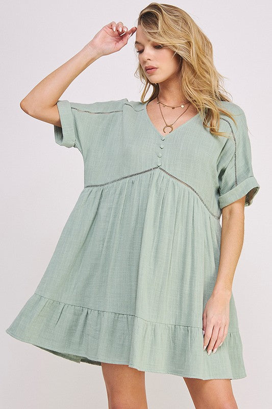 Stacey B's Textured Short SLV Button Down V Neck Short Dreess