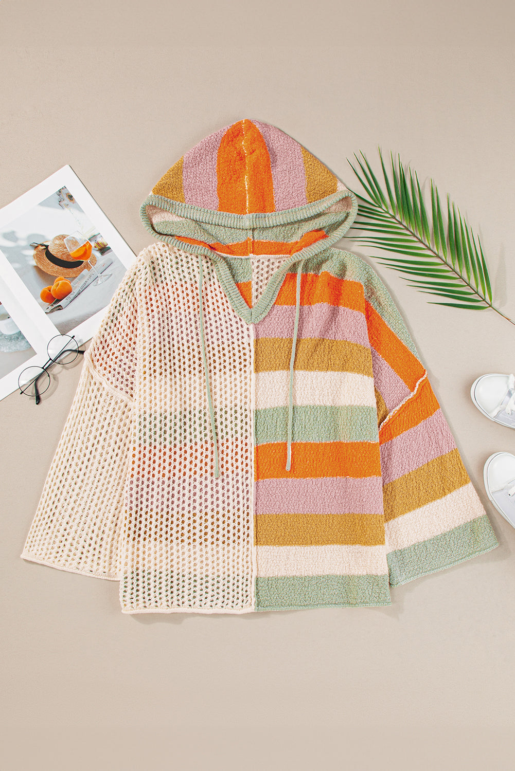 Stacey B's Beige Oversized Colorblock V Neck Hooded Sweater