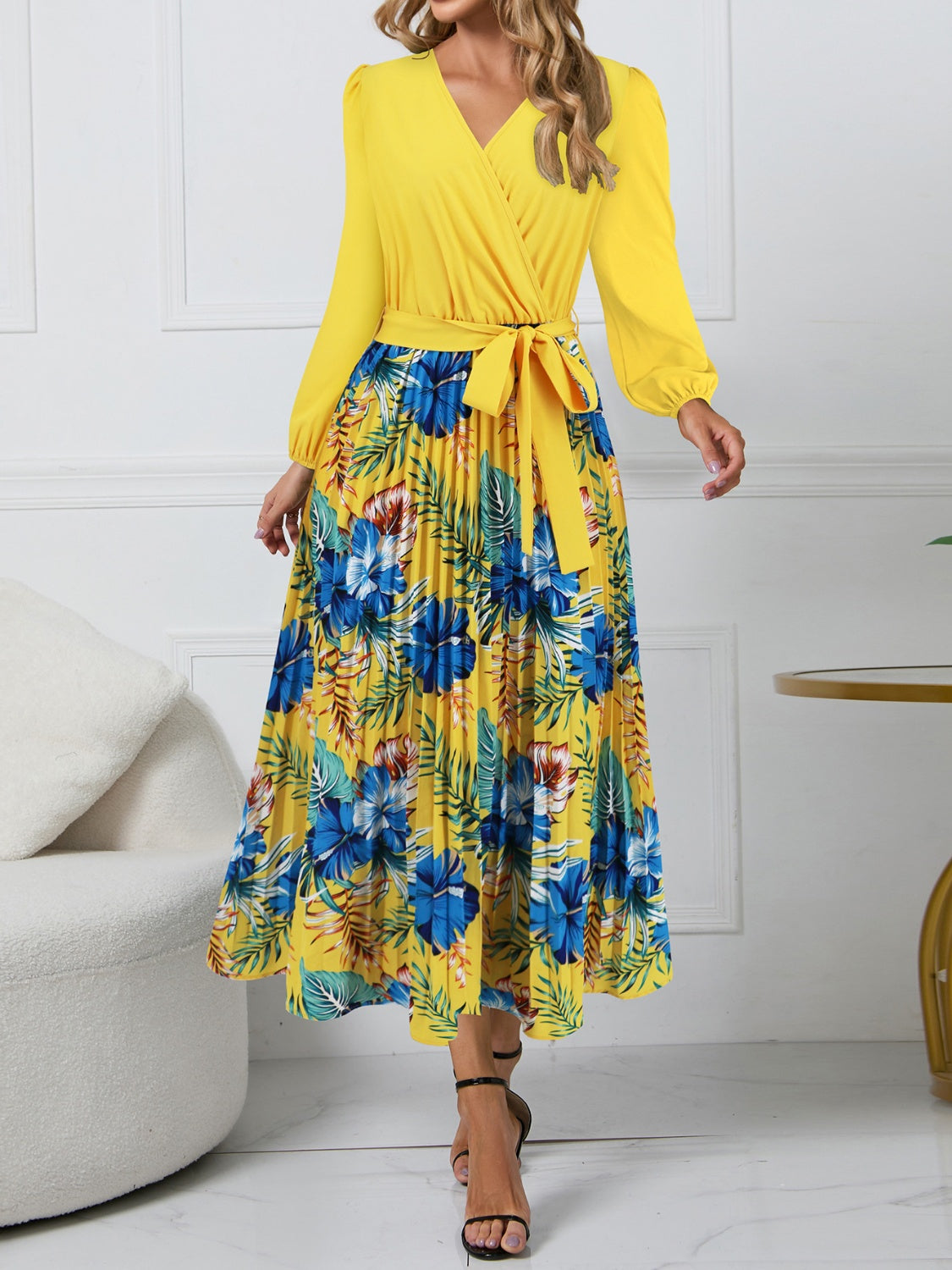 Stacey B's Pleated Printed Surplice Long Sleeve Dress