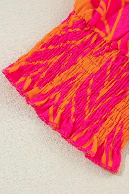 Stacey B's Tropical Leaf Print Smocked Cuffs Loose Blouse