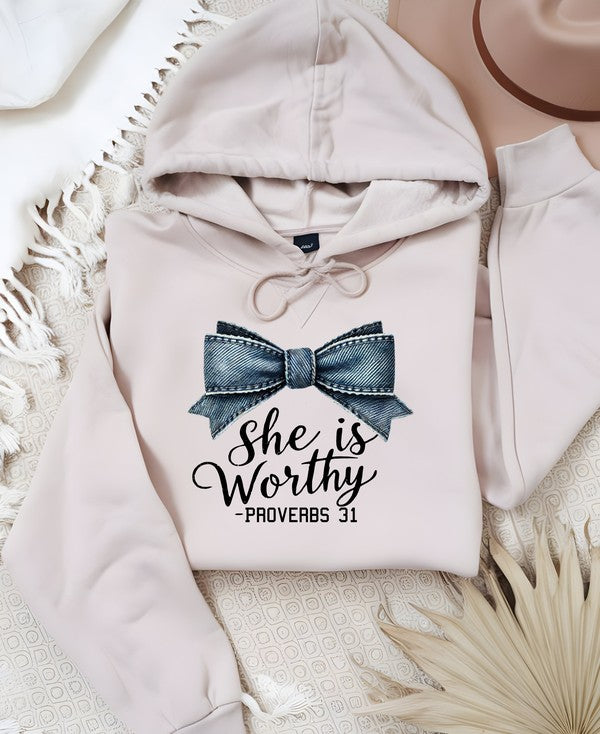 Stacey B's Blue Bow She is Worthy Proverbs 31 Graphic Hoodie
