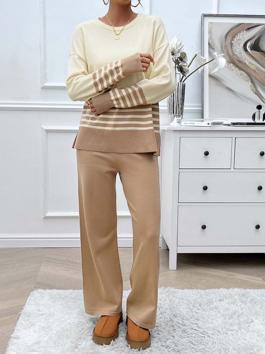 Stacey B's Devine Slit Striped Round Neck Top and Pants Sweater Set
