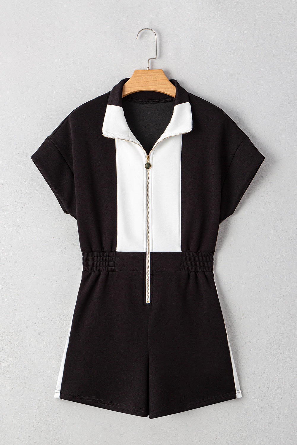 Stacey B's Black Contrast Collar Patchwork Zip Front Romper