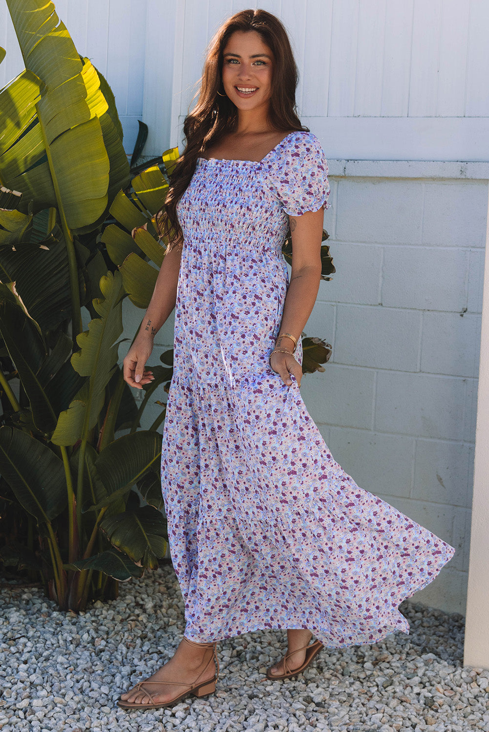 Stacey B's Purple Floral Short Bubble Sleeve Shirred High Waist Maxi Dress